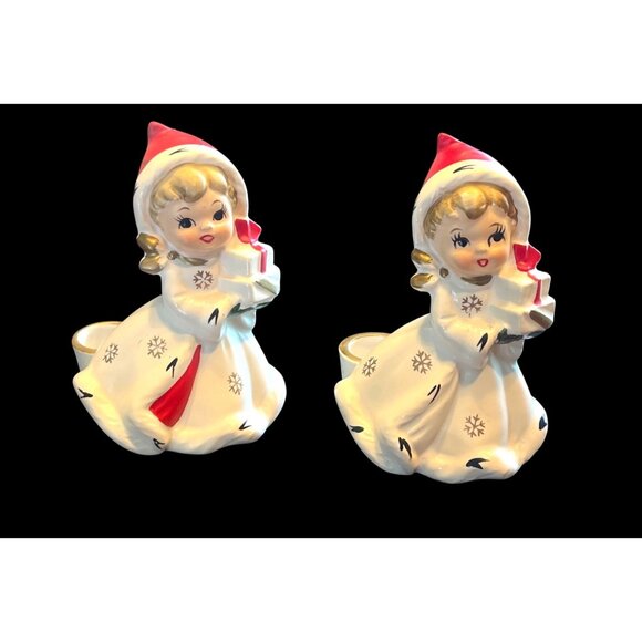 napco Other - Vtg 1950s Napco Snowflake Girl Candle Holders Ceramic Christmas Figurines Holida